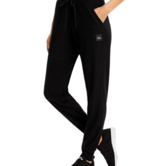 ALO Yoga Muse Rib Knit Sweatpants Black Size Small - Picture 1 of 4